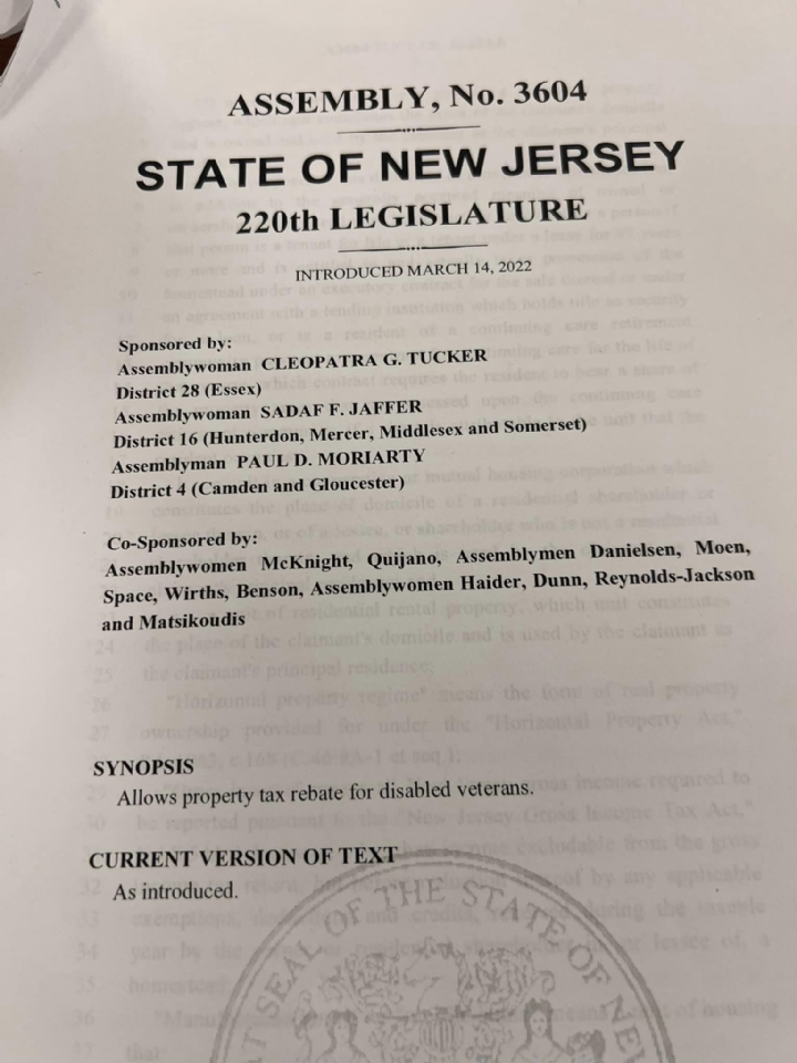 Veterans of Foreign Wars - VFW: New Jersey - NJ VFW and VFW Auxiliary - Department of NJ are contacting our state legislators regarding Assembly Bill A3604, which will provide a property tax rebate to disabled veterans. 